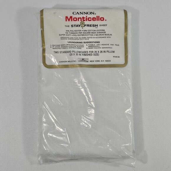 Vintage Cannon Monticello No-Iron Pillowcases 50/50 Cotton Polyester 20x30 White - Picture 2 of 4